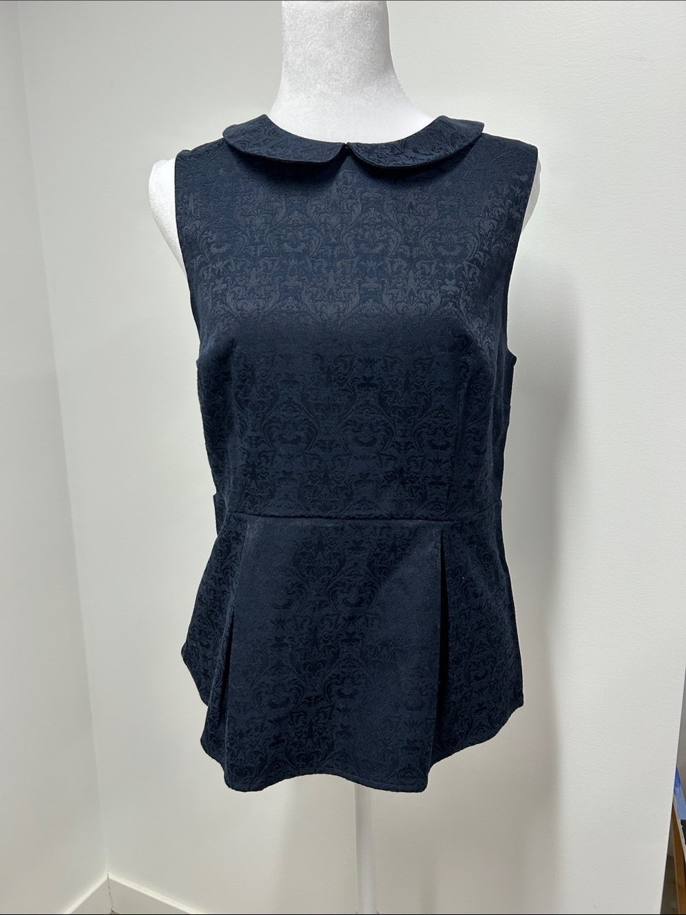 J. Crew Navy Sleeveless Jacquard Peplum Top with Peter Pan Collar